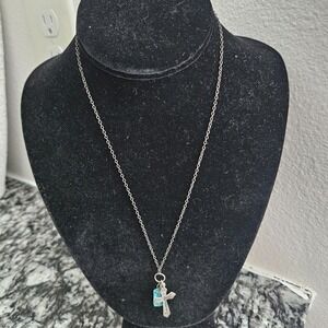Sterling Silver Cross Necklace with Blue Gem Charm Stamped 925